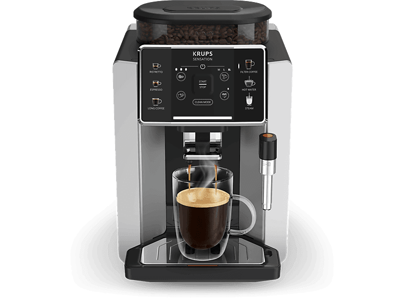 Cafetera superautomática - Krups Sensation C90 EA910E10, 1450 W, 15 bar, 1.7 L, 6 programas, 2 tazas, Barista Inside Technology, Autolimpieza, Plata