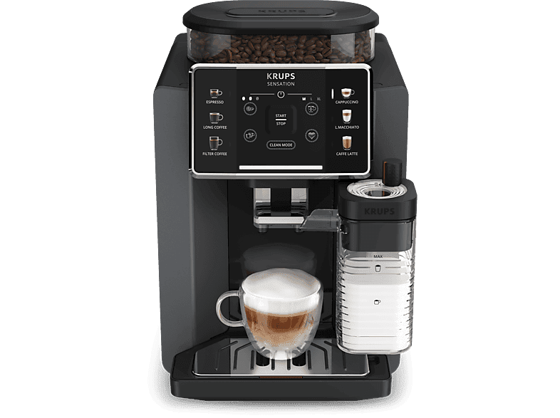 Cafetera superautomática - Krups Sensation Milk EA912B, 15 bar, 1450 W, 1.7 L, 6 modos, 2 tazas, Depósito de leche 0.3 L, Táctil, Gris