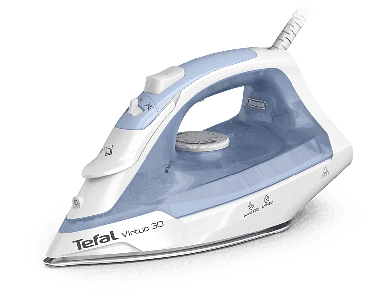Plancha de vapor - Tefal Virtuo 30 FV2C41, 2000 W, 120 g/min, 0.24 l, Vapor vertical, Antigoteo, Antical,  Blanco / Azul
