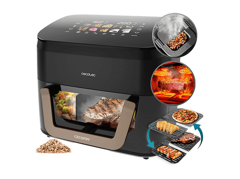 Freidora de aire - Cecotec Cecofry&Grill Smokin' 11000, 2900 W, 11 L, Triple grill, Ahumador, Temperatura dual, Negro