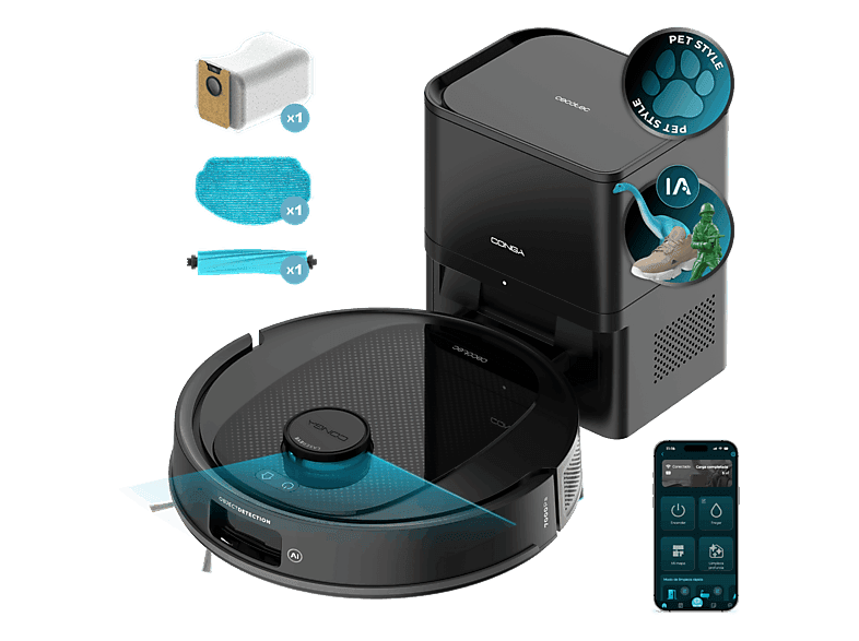 Robot friegasuelos - Cecotec Conga Y80, Navegación inteligente, Programable, 13000 Pa succión, Base de 2,5L, Cepillo para mascotas, Negro