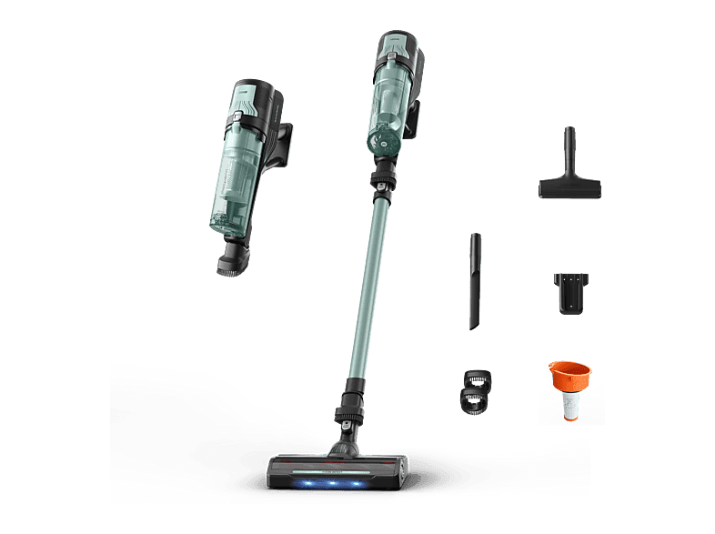 Aspirador escoba - Rowenta X-FORCE 8.80 RH1833, 250 W, 100 AW, 45 min Autonomía, 0.44 L, Ligera, 1.3 Kg, Limpieza 4 en 1, Verde, Gris