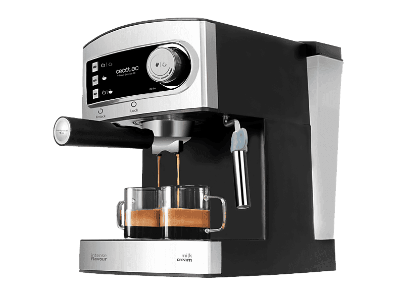 Cafetera express - Cecotec Power Espresso 20, 850W, Presión 20 bares, Depósito 1.5L, Brazo doble salida, Vaporizador, Inox