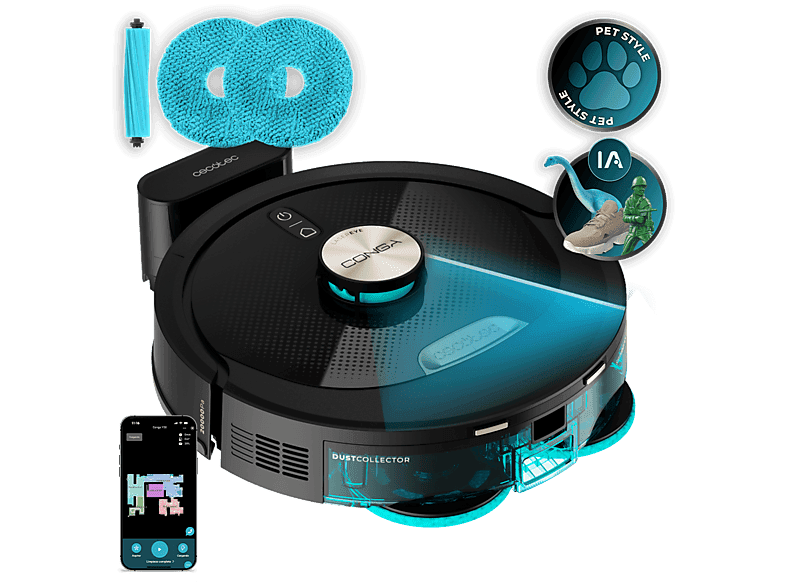 Robot friegasuelos - Cecotec Conga M100 Spin AI, Navegación inteligente IA, Programable, Negro