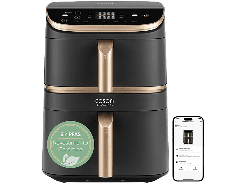 Freidora de aire - Cosori Turbo Tower Pro Smart™ Chef Edition, 2630 W, Doble Resistencia, 10.8 l, 2 cestas, Revestimiento cerámico, WiFi, Negro