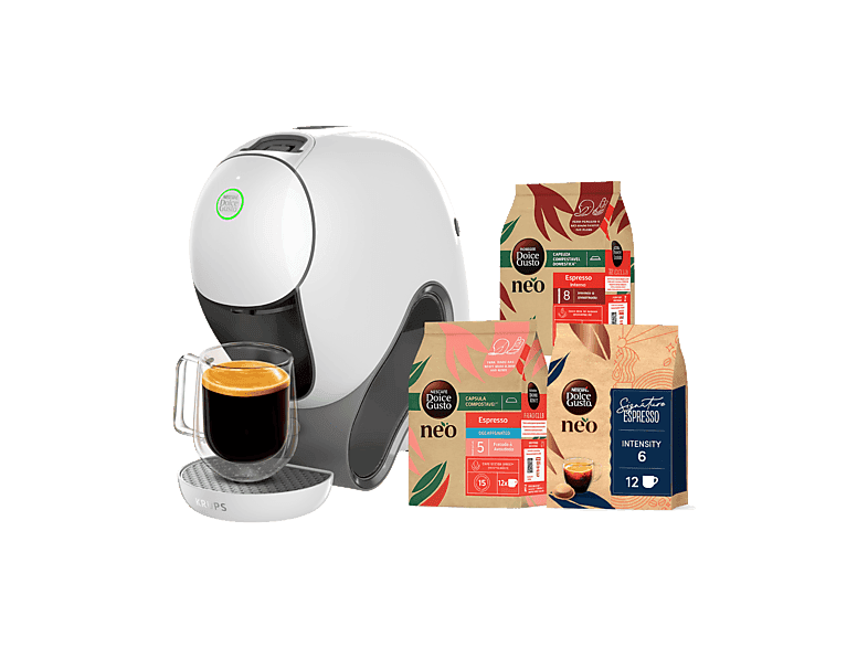 Cafetera de cápsulas - Krups Nescafé® Dolce Gusto® Neo, 3 packs de cápsulas compostables, SmartBrew, Reconocimiento automatico de bebidas, Blanco
