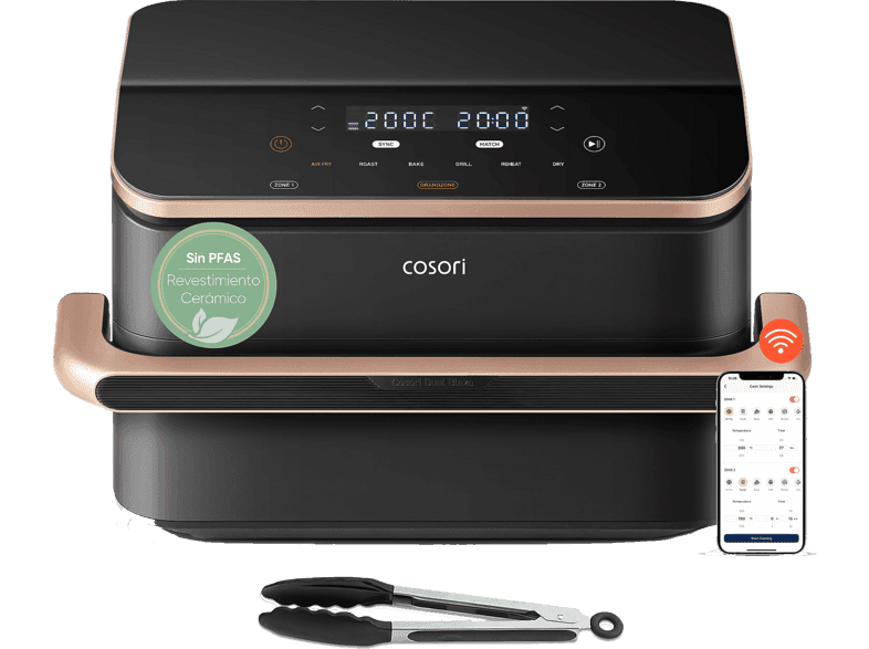 Freidora de aire - Cosori Dual Blaze Twinfry, Con revestimiento cerámico 6 en 1, 10 l, 2800 W, Doble cesta, Hasta 240 °C, Gris