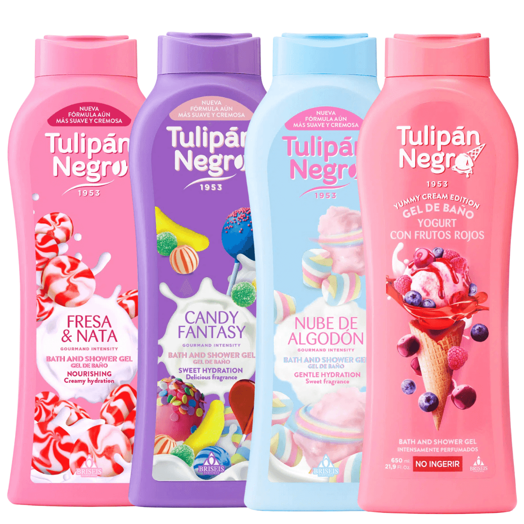 Pack 4 geles de baño tulipán negro 650 ml aromas dulces irresistibles: fresa y nata, caramelo, nube de algodón y yogur con frutos rojos. Hidratación, suavidad y deliciosas fragancias para tu cuidado d