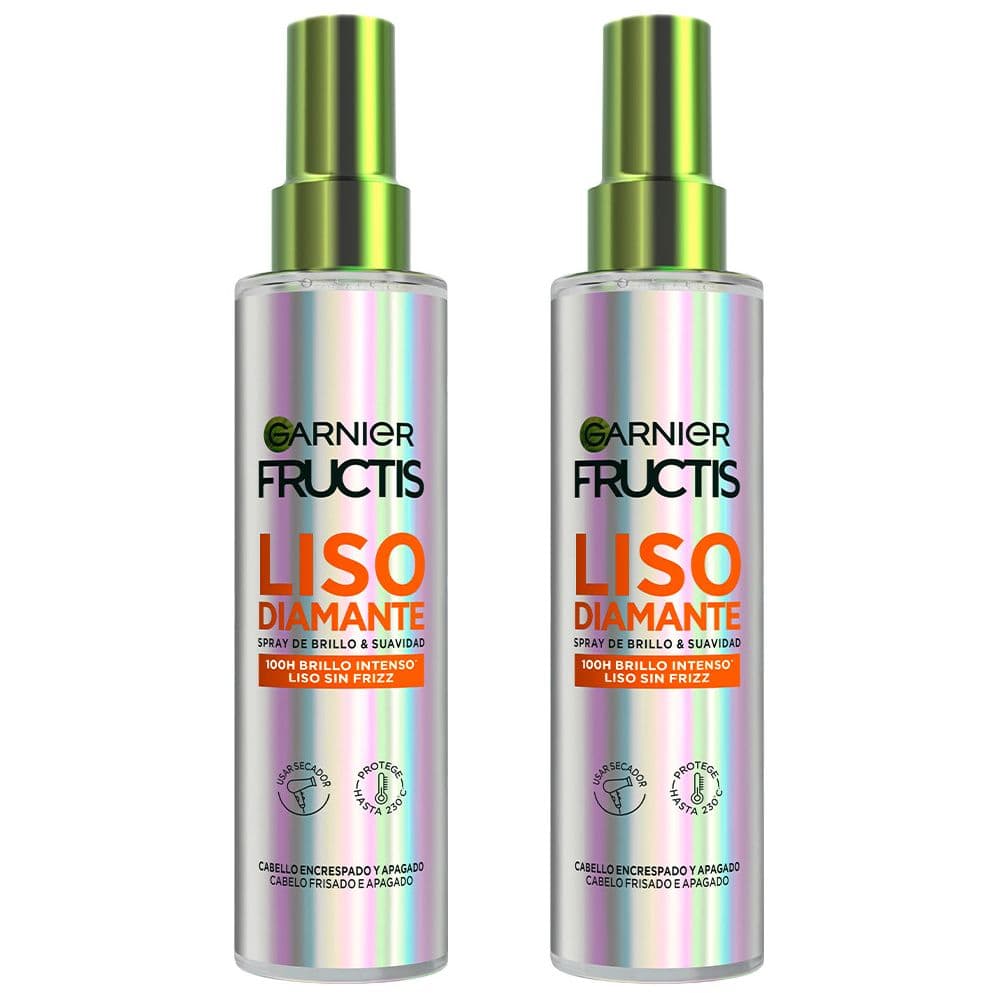 Garnier | Duplo Fructis Diamond Sleek Shine-coat Spray alisador, 100H de brillo impecable, 100H de suavidad sin encrespamiento 2x150ML