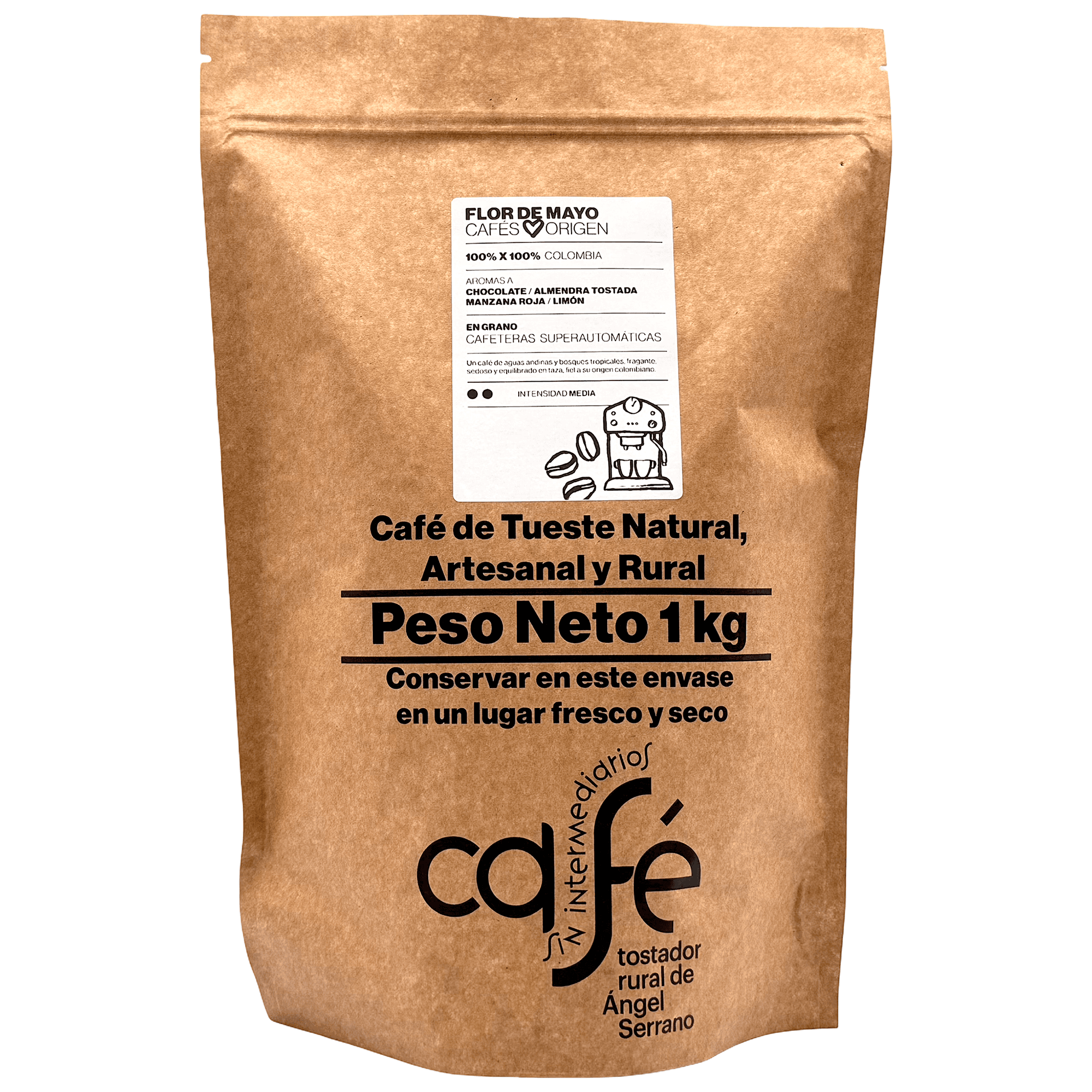 CAFÉ SIN INTERMEDIARIOS - 100% Colombia - Flor de Mayo - Ideal para tomar solo - Intensidad de sabor Media - Recién tostado y envasado - 1 Kg Grano o Molido (Exprés, Filtro, Italiana, Americana, Superautomática)