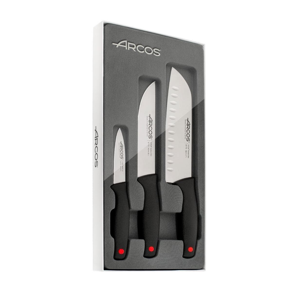 Arcos Serie Monaco - Set de Cuchillos de Cocina 3 piezas (Mondador + Cocina + Santoku) - Hoja de Acero Inoxidable NITRUM - Mango de Polipropileno Color Negro