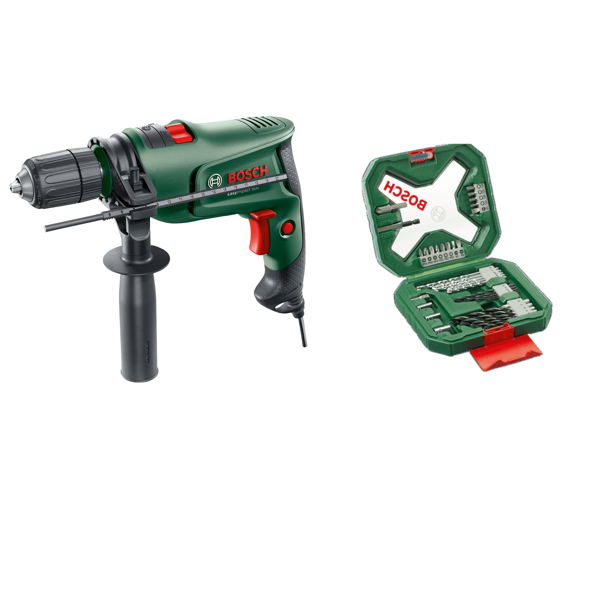 Bosch - Pack Taladro Percutor con Cable + Set 34 piezas X-Line con brocas y puntas de atornillar - EasyImpact 600, 600W, Portabrocas cierre rápido, con Maletín