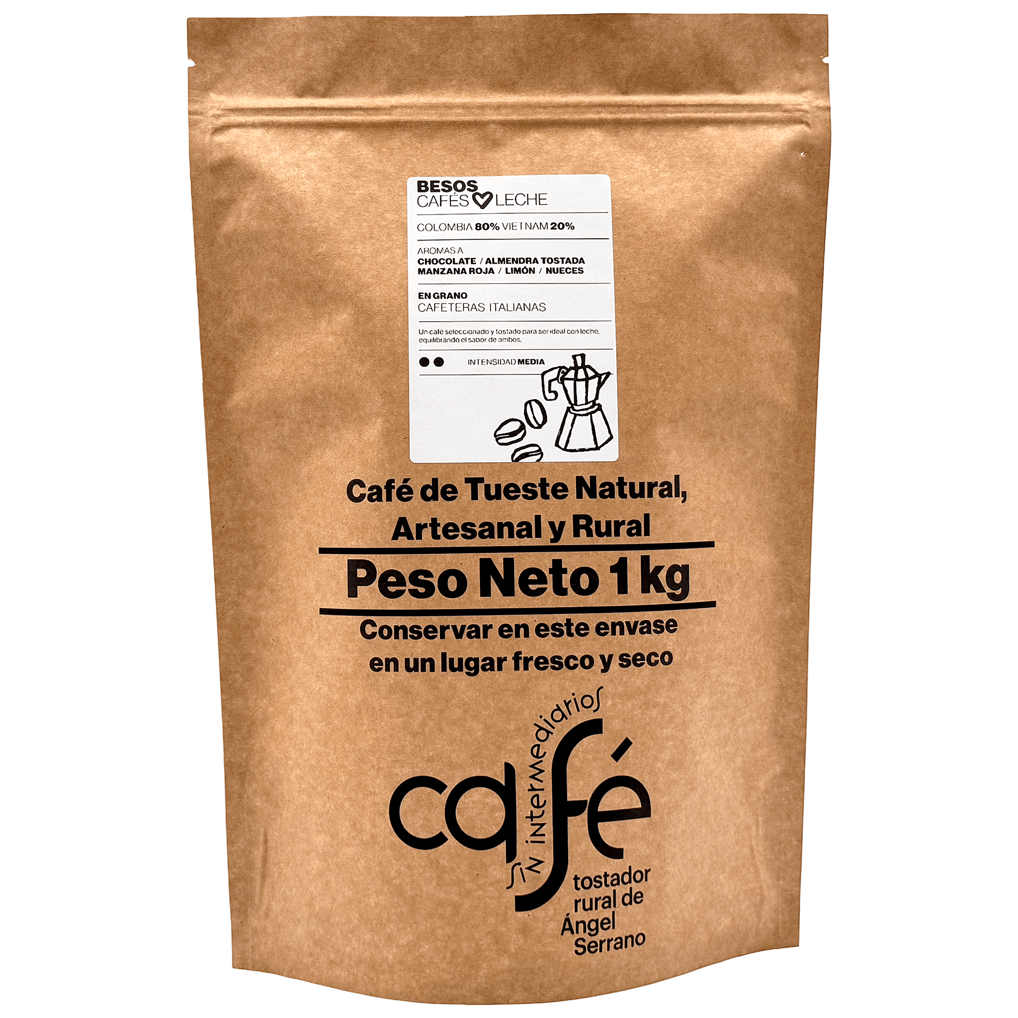 CAFÉ SIN INTERMEDIARIOS - Café de Colombia y Vietnam - Besos - Ideal para combinar con leche - Intensidad de sabor Media - Recién tostado y envasado - 1 Kg Grano o Molido (Exprés, Filtro, Italiana, Americana, Superautomática)