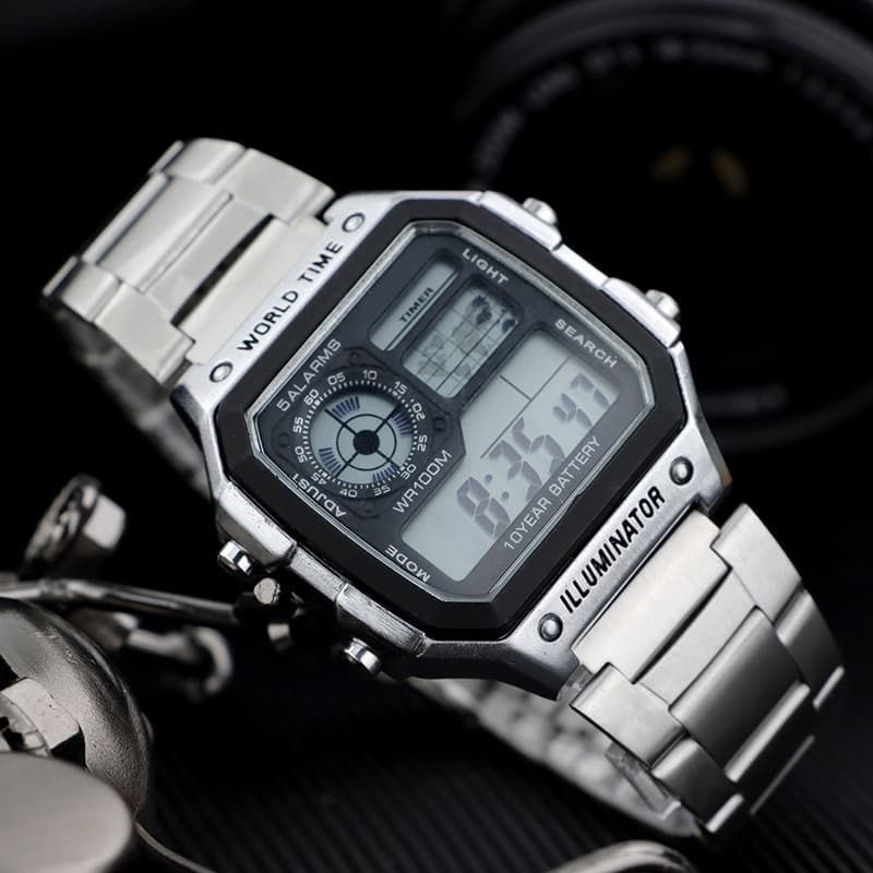 Reloj De Pulsera De Cuarzo Retro Multifuncional Para Hombres Deportivo Al Aire Libre Camuflaje Acero Inoxidable Alarma Dual AAA Resistente Al Choque Y a La Water Proof