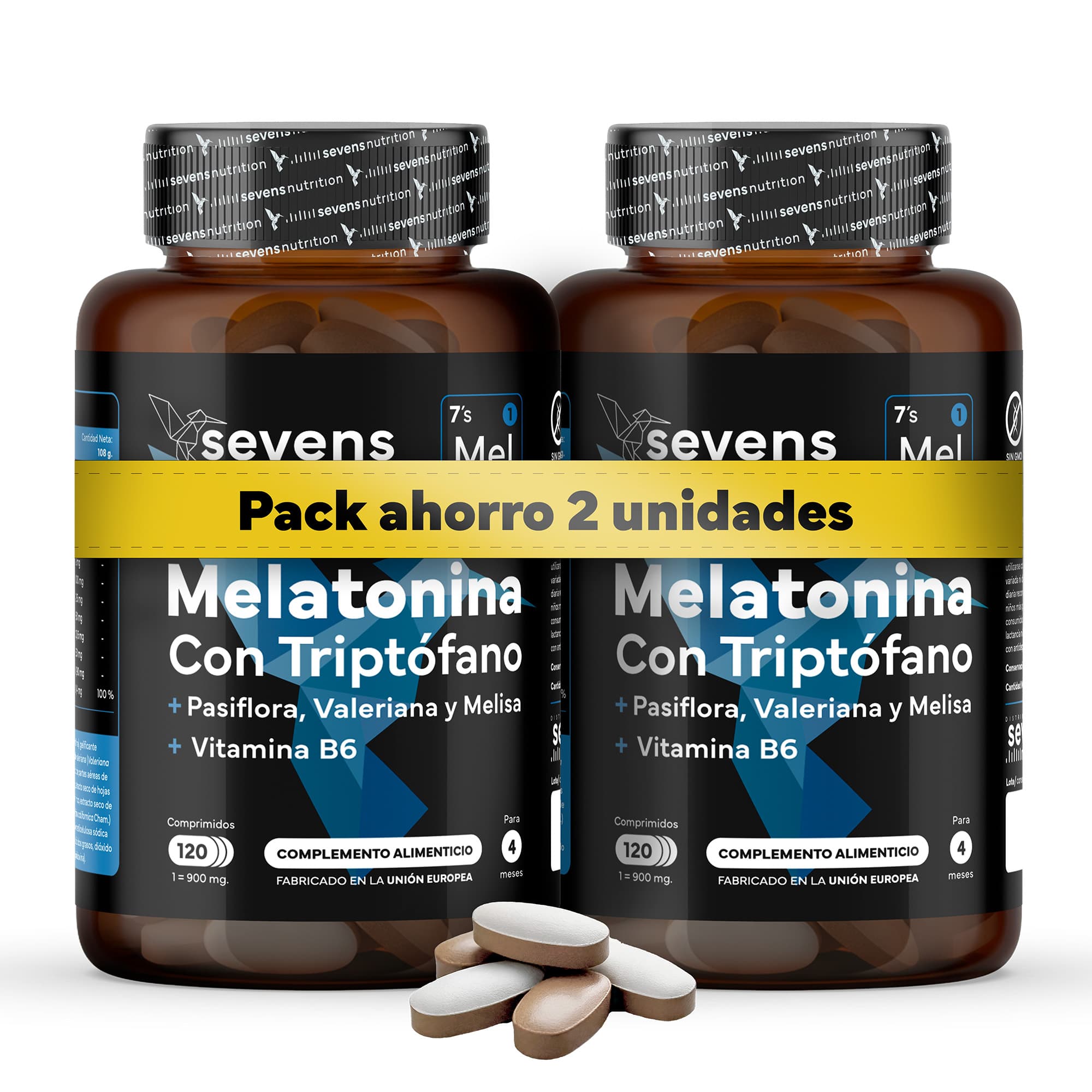 Pack 2x Melatonina 1,9 mg – Tecnología Bicapa – Con Triptófano, Valeriana, Pasiflora y Melisa – 240 Comprimidos – Sevens Nutrition