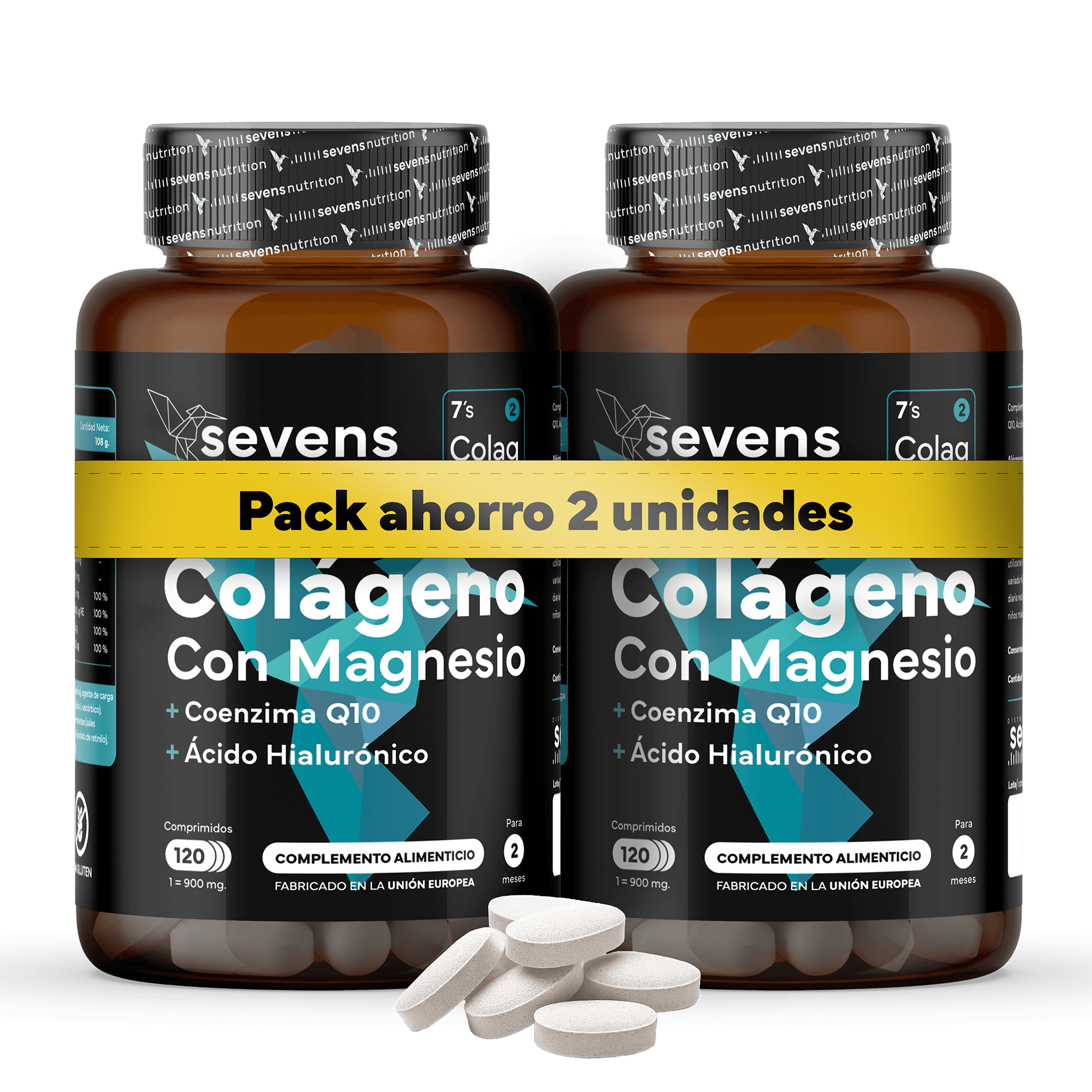 Pack 2x Colágeno Marino con Magnesio, Ácido Hialurónico y Coenzima Q10 – 240 Comprimidos – Con Vitaminas y Zinc – Sevens Nutrition