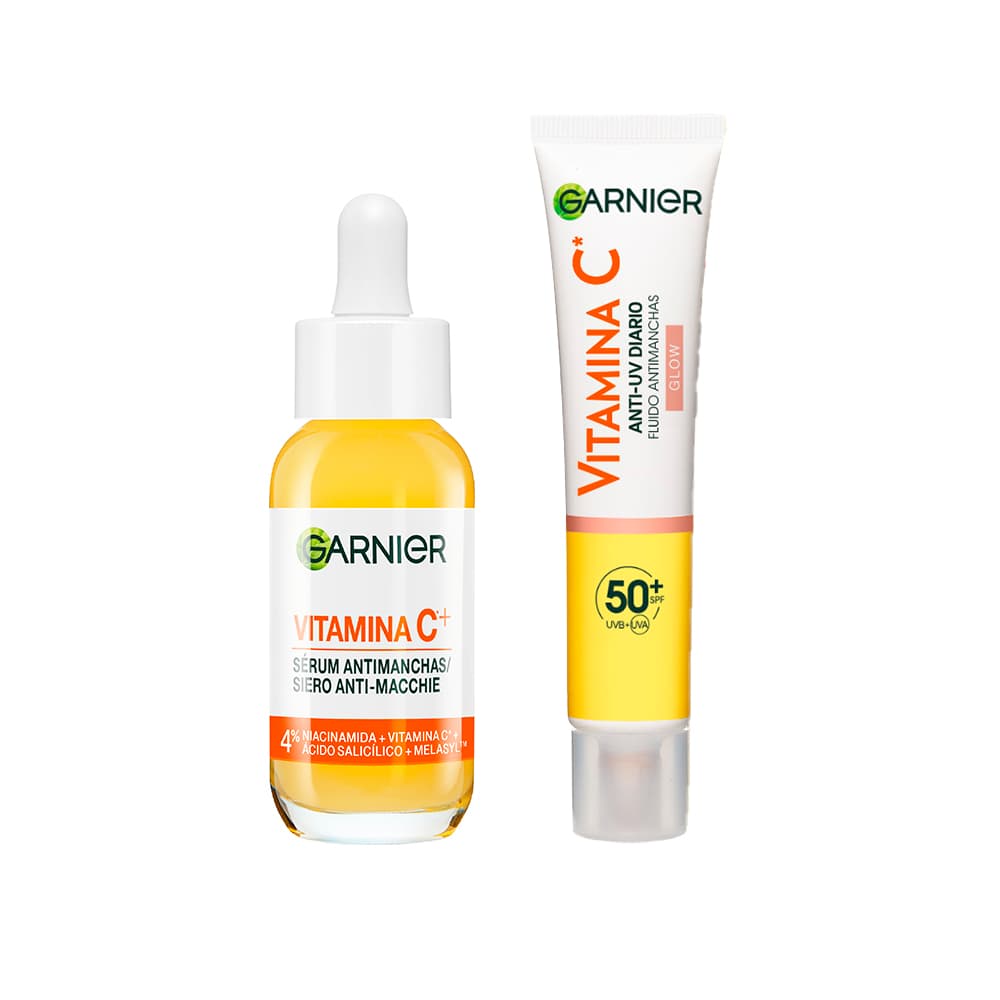 GARNIER | PACK Sérum Anti Manchas con Vitamina C, Niacinamida y Ácido salicílico. Reduce un 43% la intensidad de las manchas oscuras 30ml + Garnier Vitamina C Fluido Antimanchas Anti-UV Diario Efecto Glow FPS50+, 40 ml