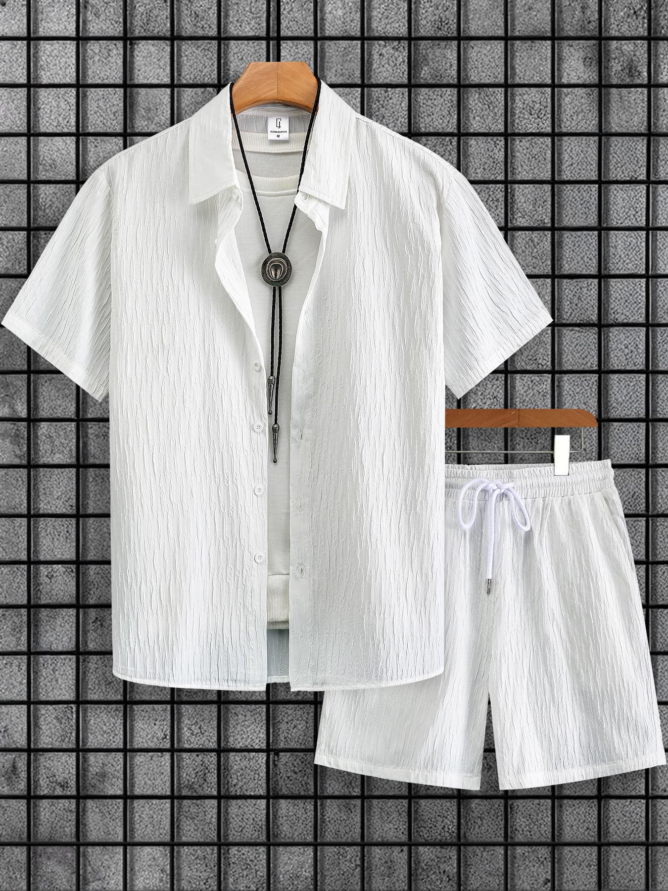 Conjunto De Verano Para Hombre Con Textura De Pliegues Blanco Camisa Con Cuello Y Shorts Con Cierre Elástico 2 Piezas Ropa Casual