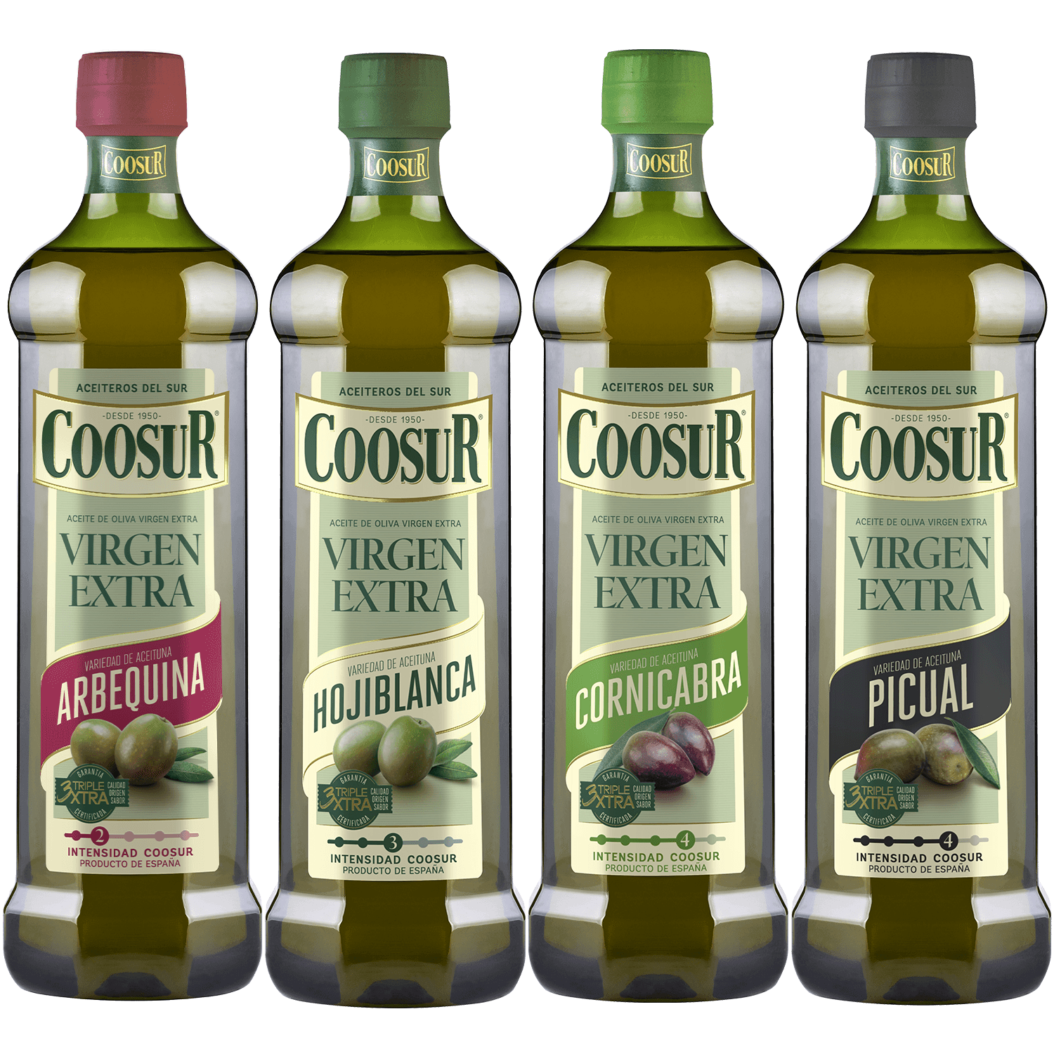 Pack Aceites Oliva Virgen Extra Monovarietales 4 Botellas de 1L Variedad Cornicabra, Picual, Hojiblanca y Arbequina Coosur