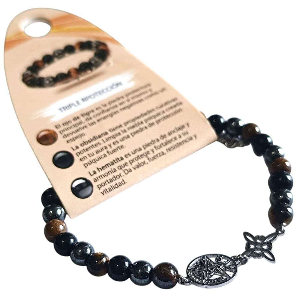 Pulsera de Protección con Nudo de Bruja, Tetragramatón y Piedras Naturales como Ojo de Tigre, Obsidiana y Hematite fabricada en Hilo De Acero