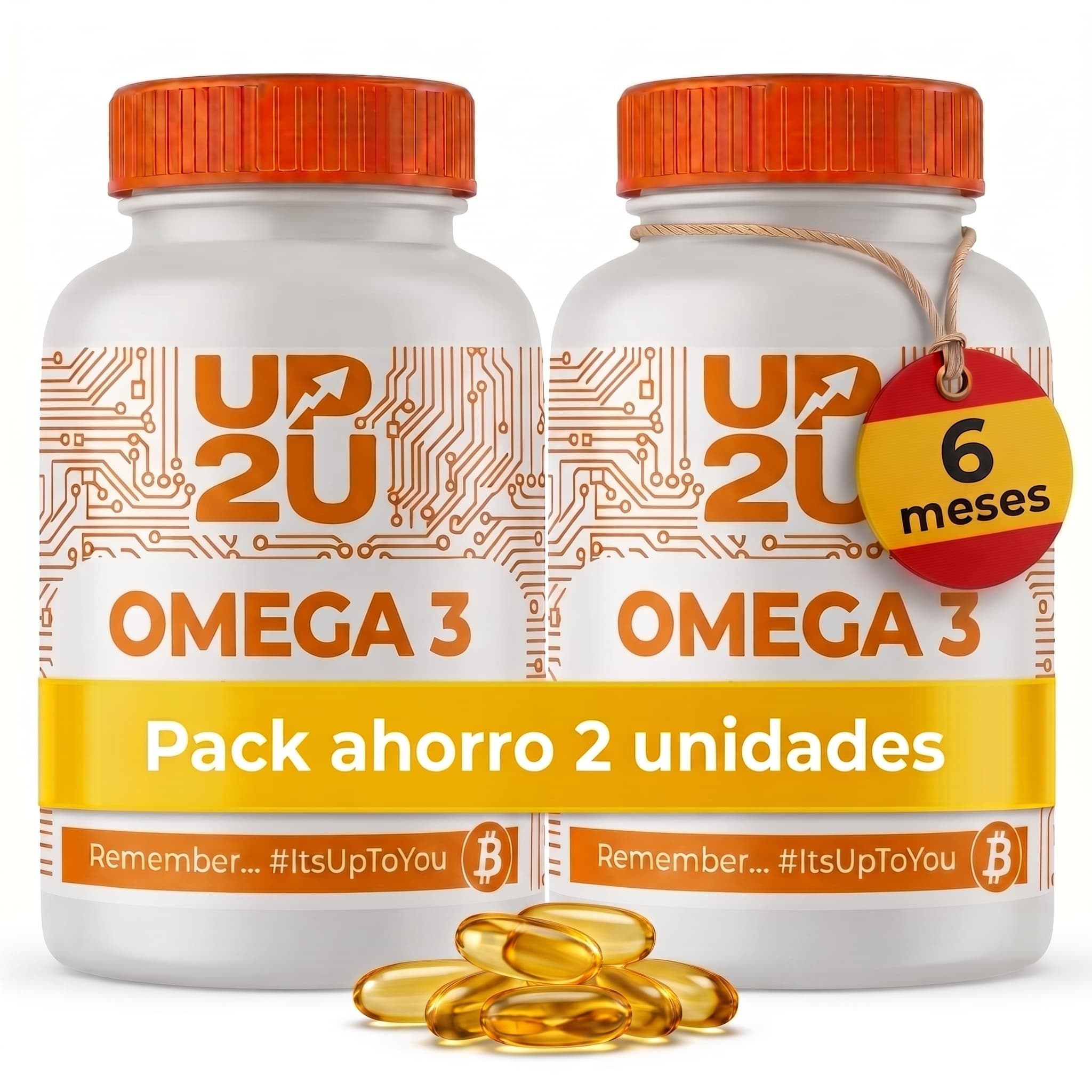Pack 2x Omega 3 UP2U Nutrition – 180 Cápsulas – 800 mg EPA y 400 mg DHA por Dosis – Con Vitamina E – Aceite de Pescado – Fabricado en España - 6 meses