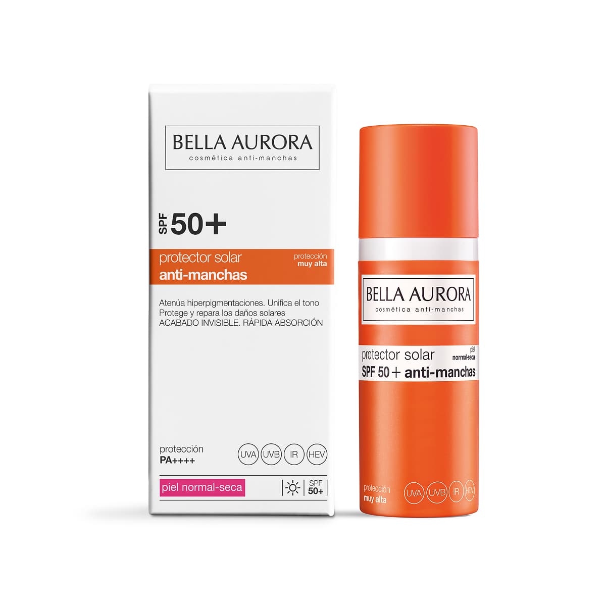 Bella Aurora Crema Solar Antimanchas SPF 50+ Piel Normal y Seca | Hidratante y Calmante | Protección UVA UVB IR y Luz Azul (HEV) | Uso Diario | 50 ml