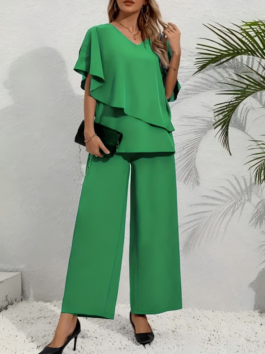 Conjunto Elegante Casual De Fiesta Para Mujer Talla Grande Con Volantes En La Manga Y Pantalones De Pierna Ancha 2 Piezas Estilo V-Neck Multicolor 0XL-4XL