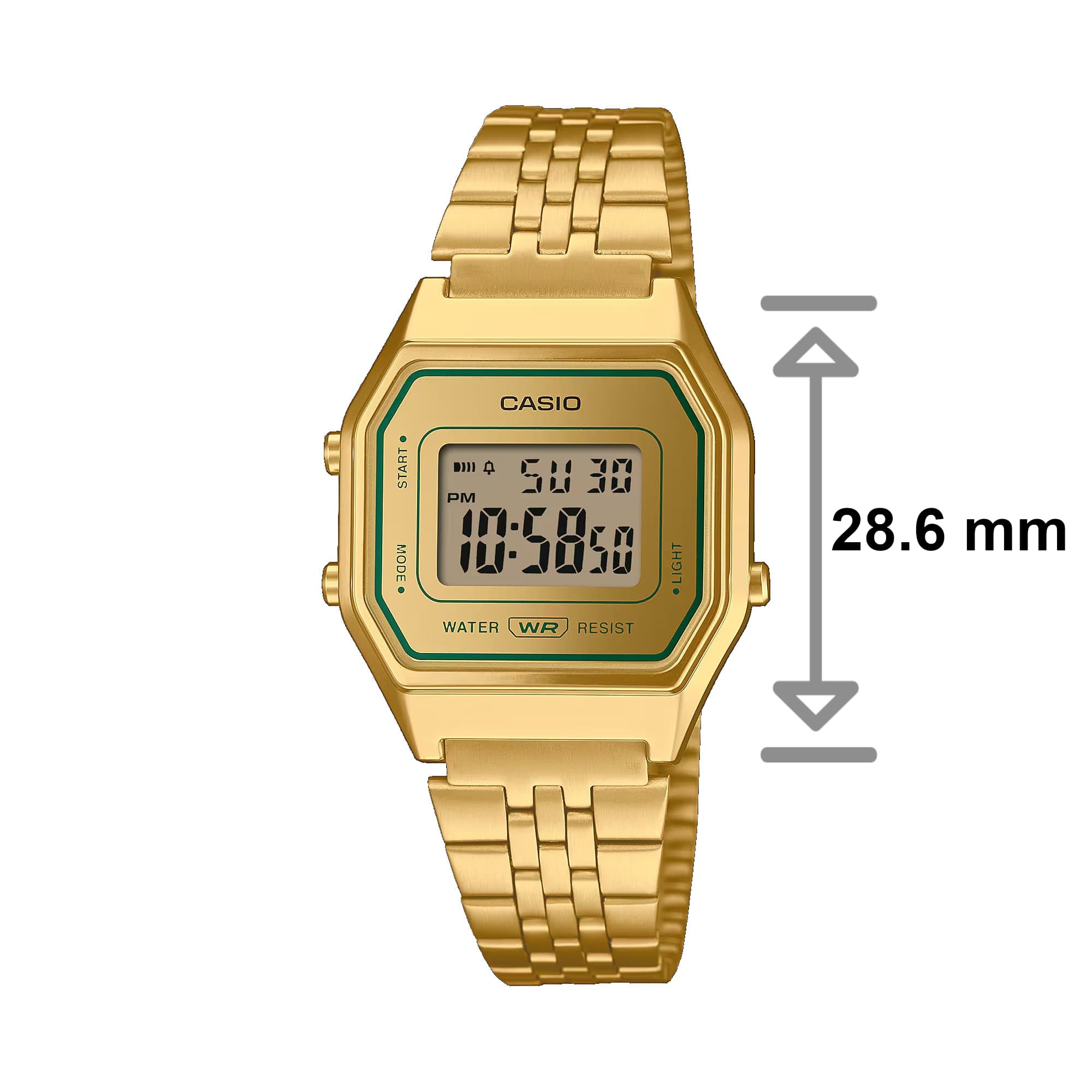 Casio - Reloj de mujer LA680WEGV-9AEF con correa de acero inoxidable dorado y acentos verdes, resistente al agua, retroiluminación LED, cronómetro y alarma diaria, estilo casual unisex