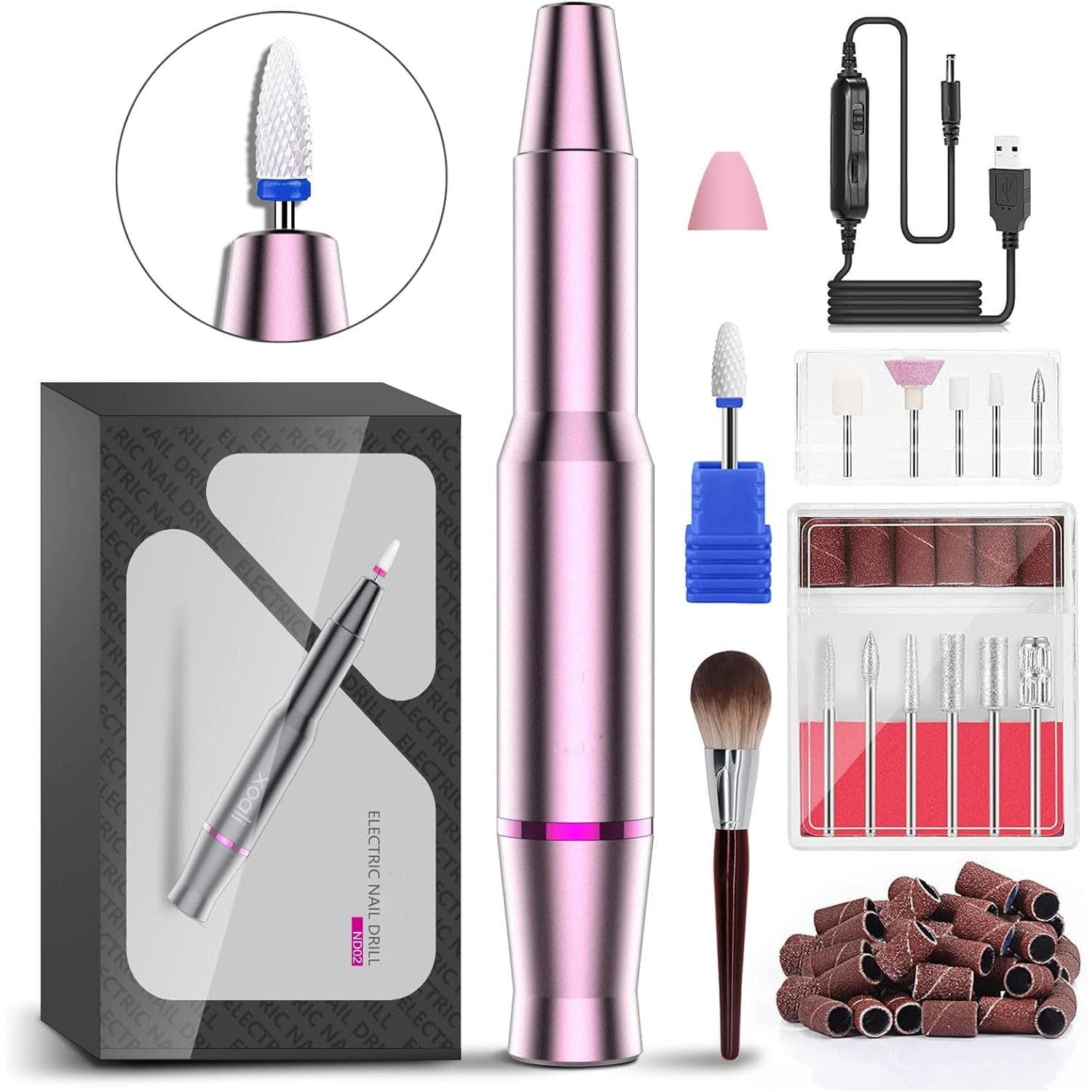 Torno para Uñas 25000RPM, 12 en 1 Lima Eléctricas Uñas USB con Brocas de Cerámica, Pulidoras de uñas Portatil Velocidad Ajustable, Manicura y Pedicura Eléctrico Profesional para Salón DIY (Rosa)