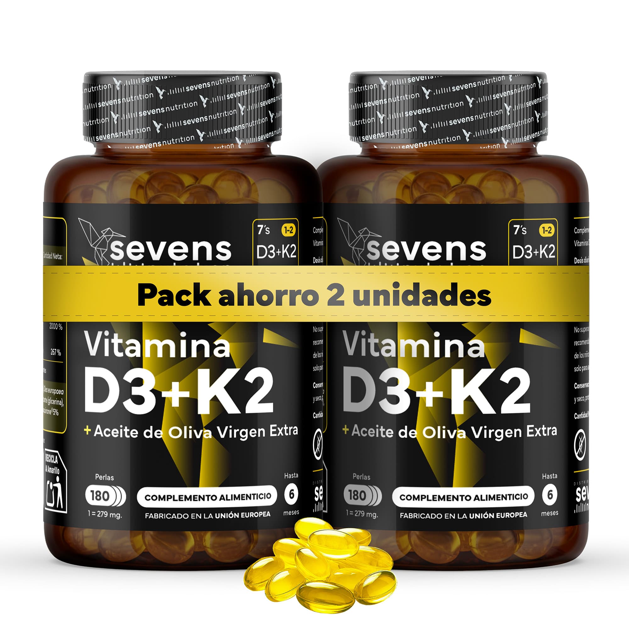 Pack 2x Vitamina D3 2000 UI + K2-7 100 µg – Con Aceite de Oliva Virgen Extra – 360 Cápsulas Blandas – Sevens Nutrition