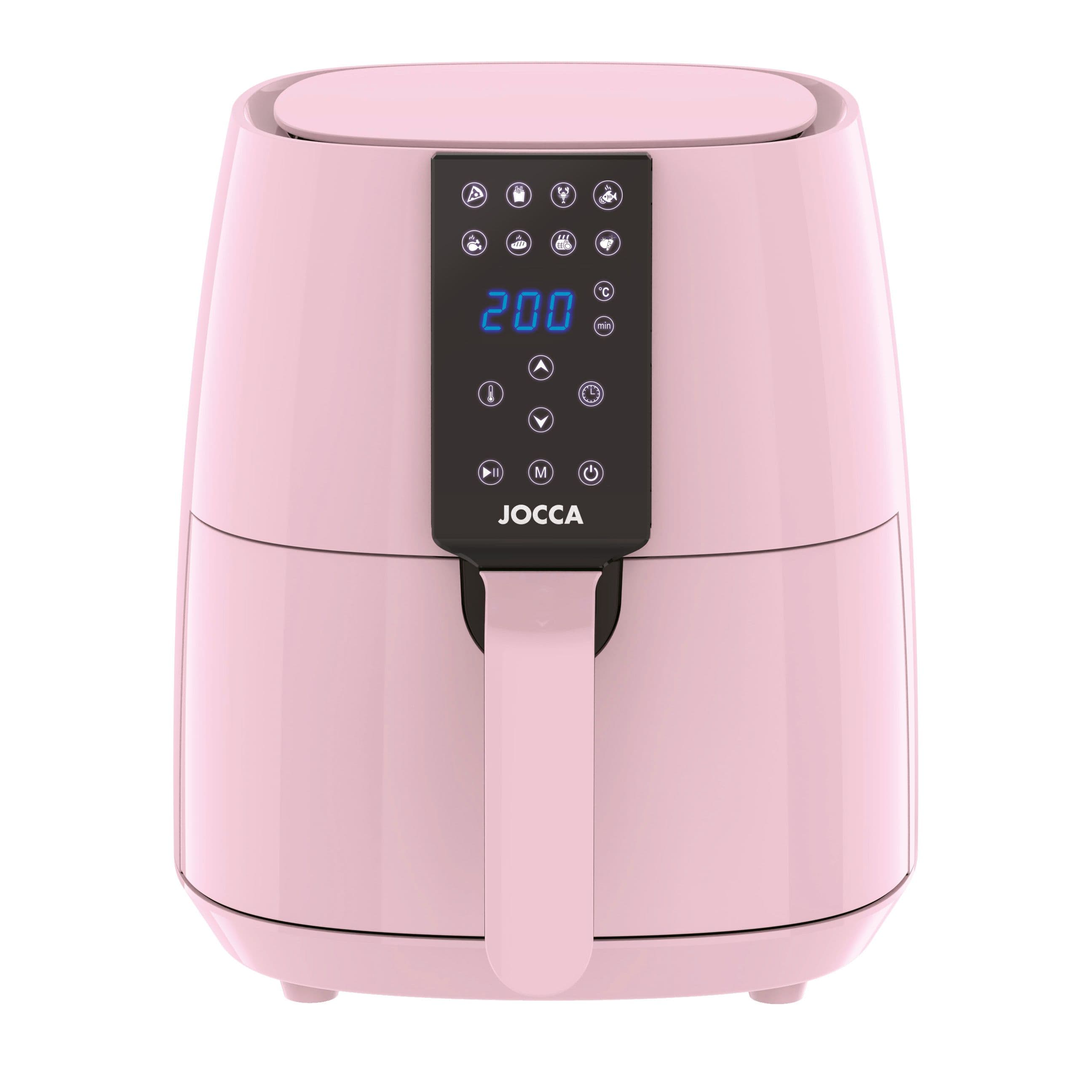Freidora Jocca de aire caliente digital de la línea Sweet en color rosa con 3.8L de capacidad,1450W de potencia, pantalla táctil LCD, 8 programas preestablecidos, temporizador hasta 60 minutos, control de temperatura entre 80ºC y 200ºC