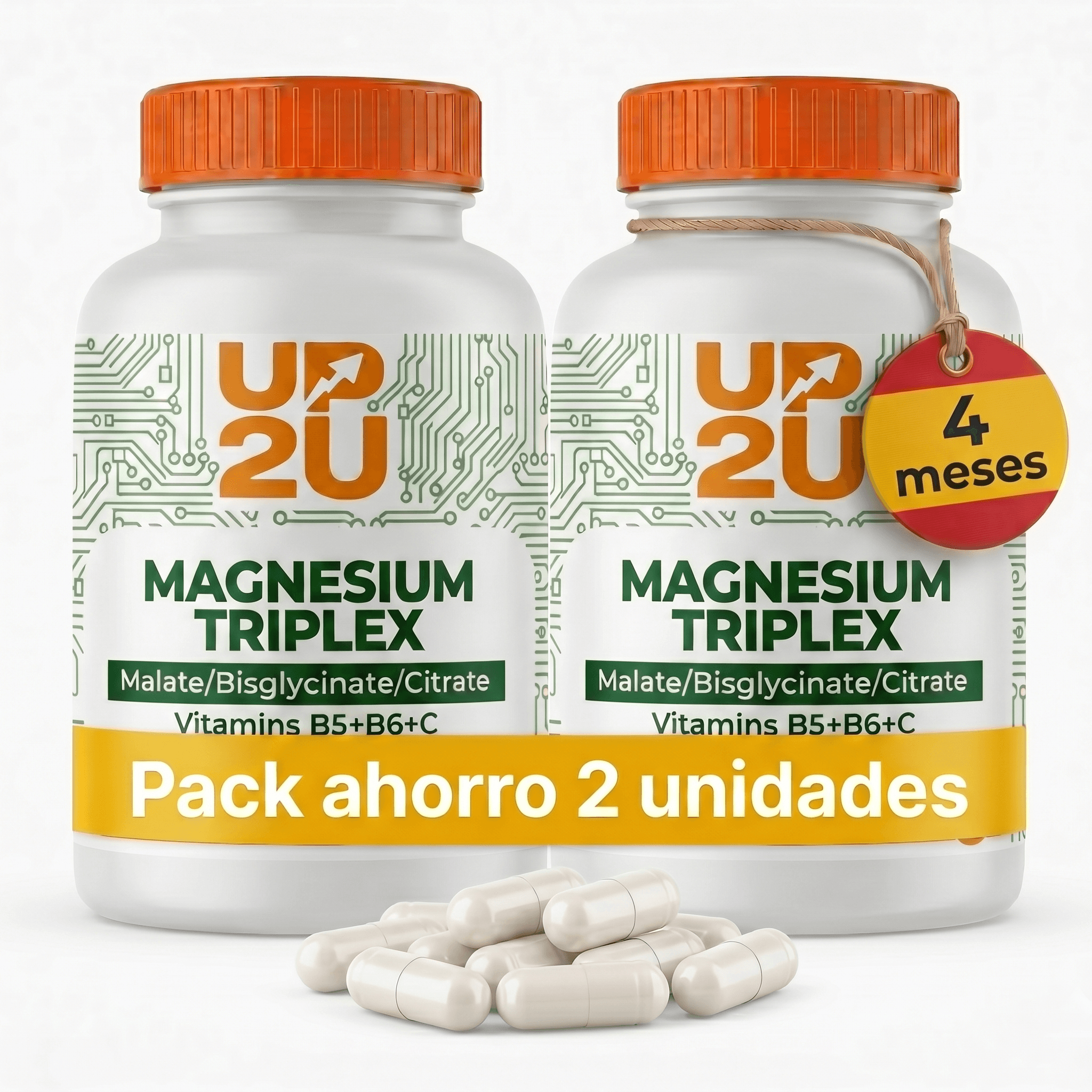 Pack 2x Magnesio Complex con Malato, Bisglicinato y Citrato, Vitaminas B5, B6 y C, UP2U Nutrition, 360 Cápsulas, 4 Meses de Suministro