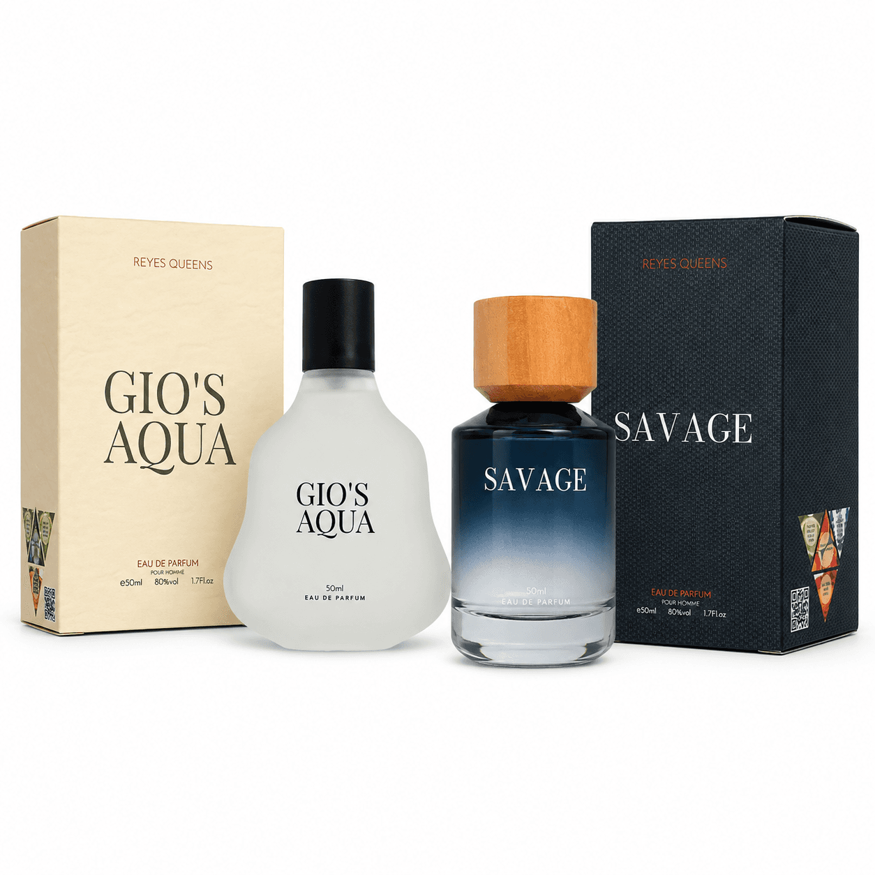 Pack 2 Perfumes para Hombre Gio's Aqua + Savage 50ml Eau de Parfum | Fragancias Frescas, Acuáticas, Amaderadas y Especiadas | Aroma Masculino Elegante de Larga Duración | Ideal para Uso Diario, Oficina, Eventos y Regalo