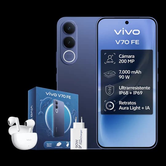 Teléfono – vivo V70 FE 5G Bundle, 8GB+256GB / 8GB+512GB, Cámara de 200MP con OIS, Batería 7000mAh y Carga 90W, Pantalla 1.5K AMOLED 120Hz, IP68/IP69, eSIM, 5 años de actualizaciones, Incluye:: Auriculares Buds Air3 + Cargador 90W
