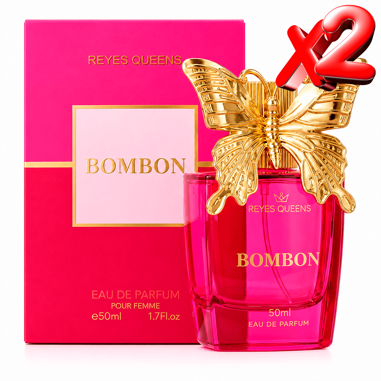 Pack 2 Unidades Perfume Mujer Bombon Eau de Parfum 50ml Reyes Queens | Fragancia Floral Frutal Dulce con Vainilla, Pitahaya y Pachulí | Perfume Elegante de Larga Duración con Frasco Mariposa Dorada