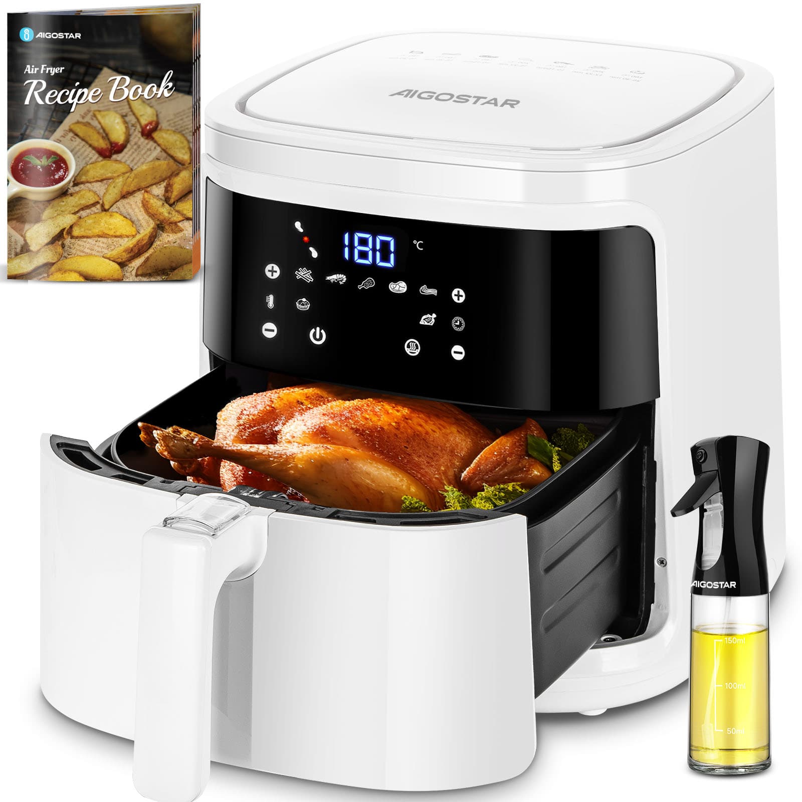 AIGOSTAR Freidora de Aire sin Aceite 7L,1900W. Pantalla LED táctil, 7 Funciones Preestablecidas + Mantener Caliente y Modo Manual, Libro de Recetas Incluido, Libre de BPA