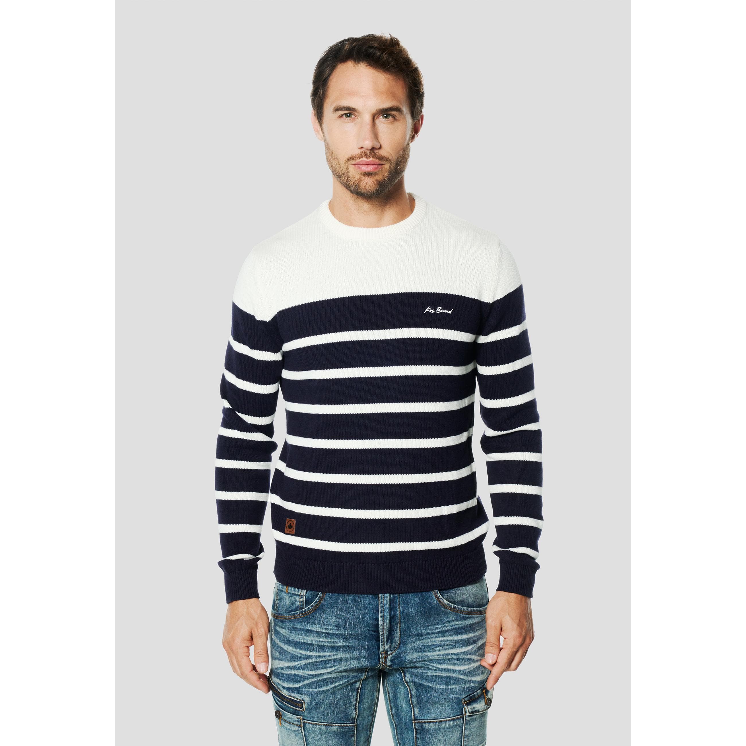 Koroshi - Jersey hombre cuello redondo de punto a rayas marineras en navy y blanco, 100% algodón, talla regular para primavera y otoño