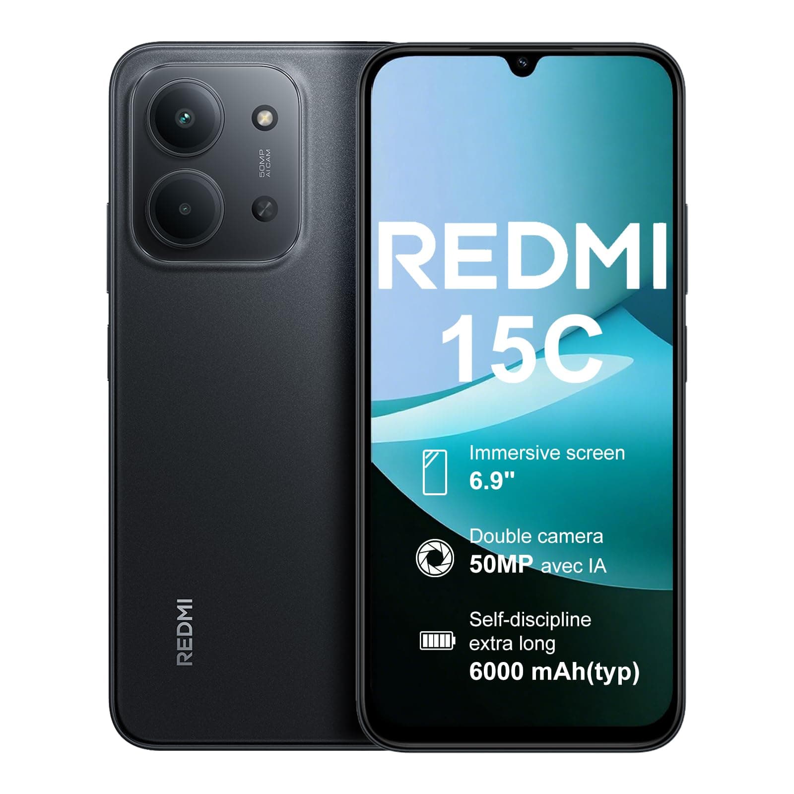 XIAOMI REDMI 15C, Smartphone con 4+128GB, color Nero, pantalla de 6,9" a 120Hz | MediaTek Helio G81-Ultra, cámara dual de 50 MP, batería de gran capacidad de 6000 mAh, garantía de 2 años, cargador no incluido