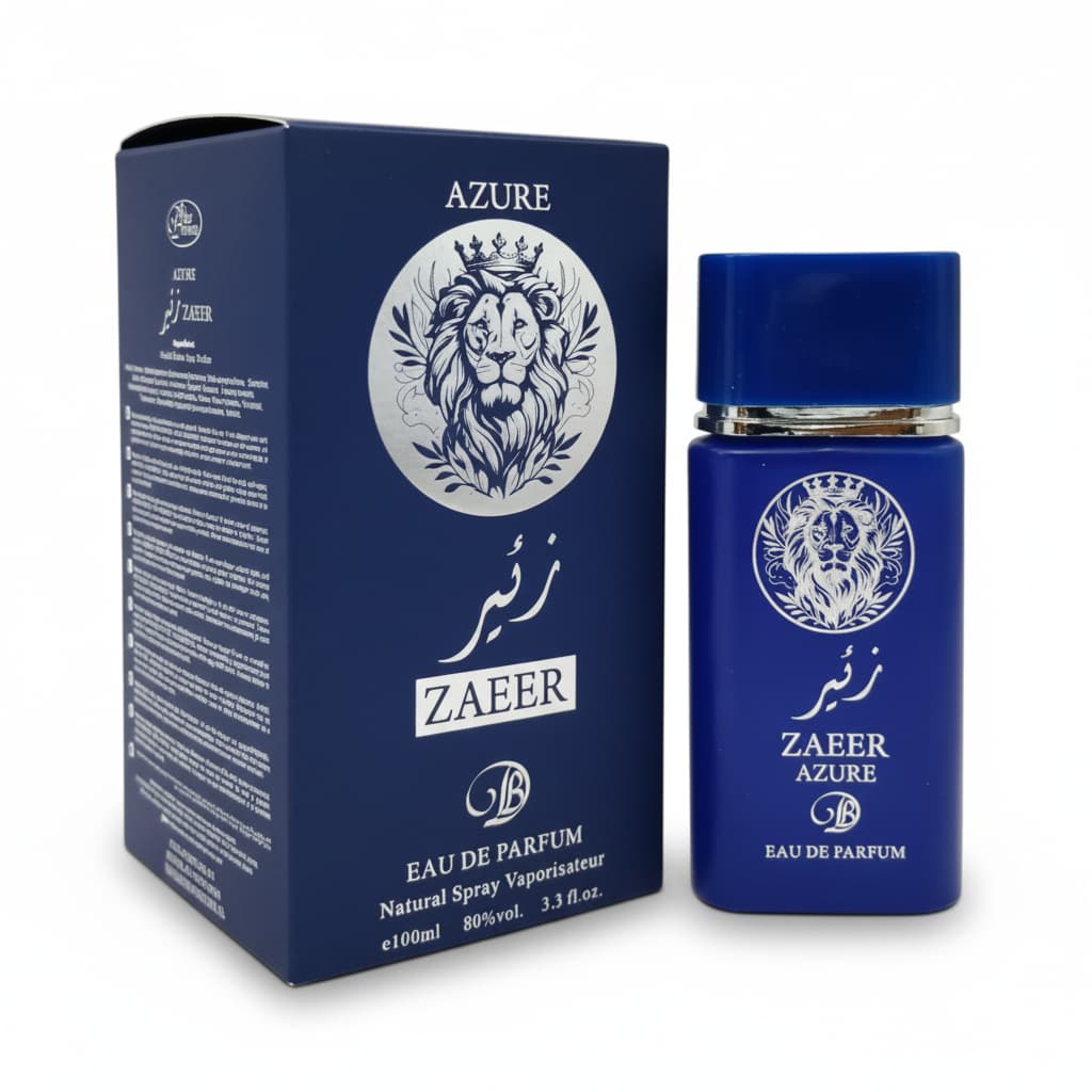 Perfume masculino Zaeer Azure Eau de Parfum 100 ml, fragancia intensa y equilibrada con carácter oriental y fondo profundo, ideal para el uso diario o la noche. Presentado en frasco original con estuche. 🚚 Envíos a España 24/48 horas.