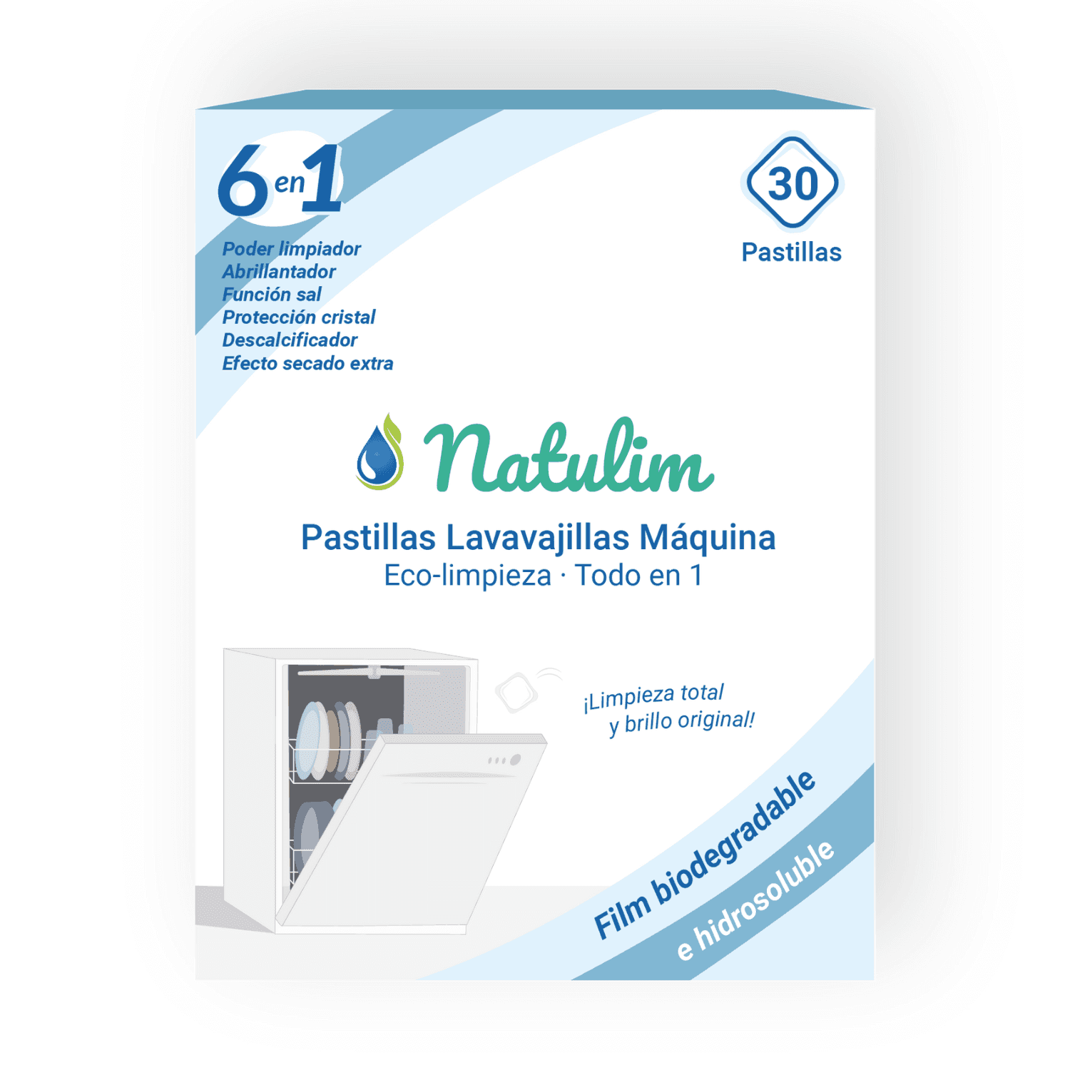 Natulim - Pastillas de Lavavajillas a Máquina - Eco-Limpieza, Biodegradables e Hidrosolubles 6 en 1 - Limpieza Profunda, Abrillantador, Función Sal, Protección Cristal, Descalcificador, Efecto Secado Extra (30 pastillas)