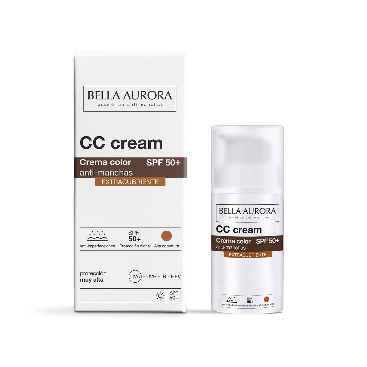 Bella Aurora Crema Facial Anti-Manchas Extra Cubriente SPF 50+ | CC Cream | Protector Solar Anti-Manchas | Unifica Tono | Todo Tipo de Pieles, 30 ml