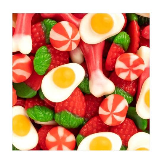 VIDAL Fantasía Mix bolsa de 1Kg aprox 157 uds compuesto por las chuches clásicas fresas silvestres, dedos, huesos, huevos fritos y besos twist. sabor Fresa,nata y frambuesa sin gluten sin grasa sabor original Vidal garantizado