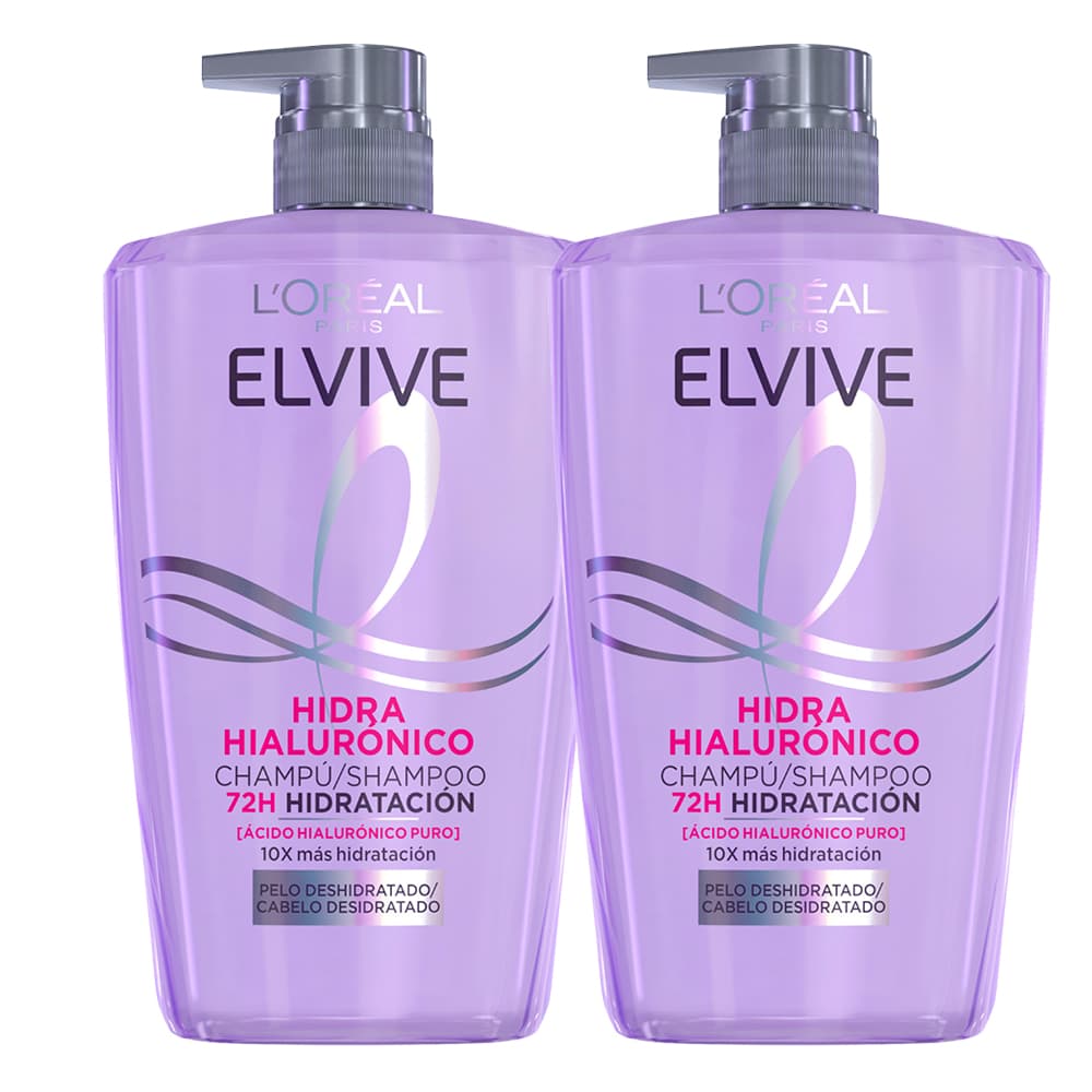 L'Oréal Paris | Rutina Elvive Hidra Hialurónico Champús 2x1L, hasta 72h de Hidratación