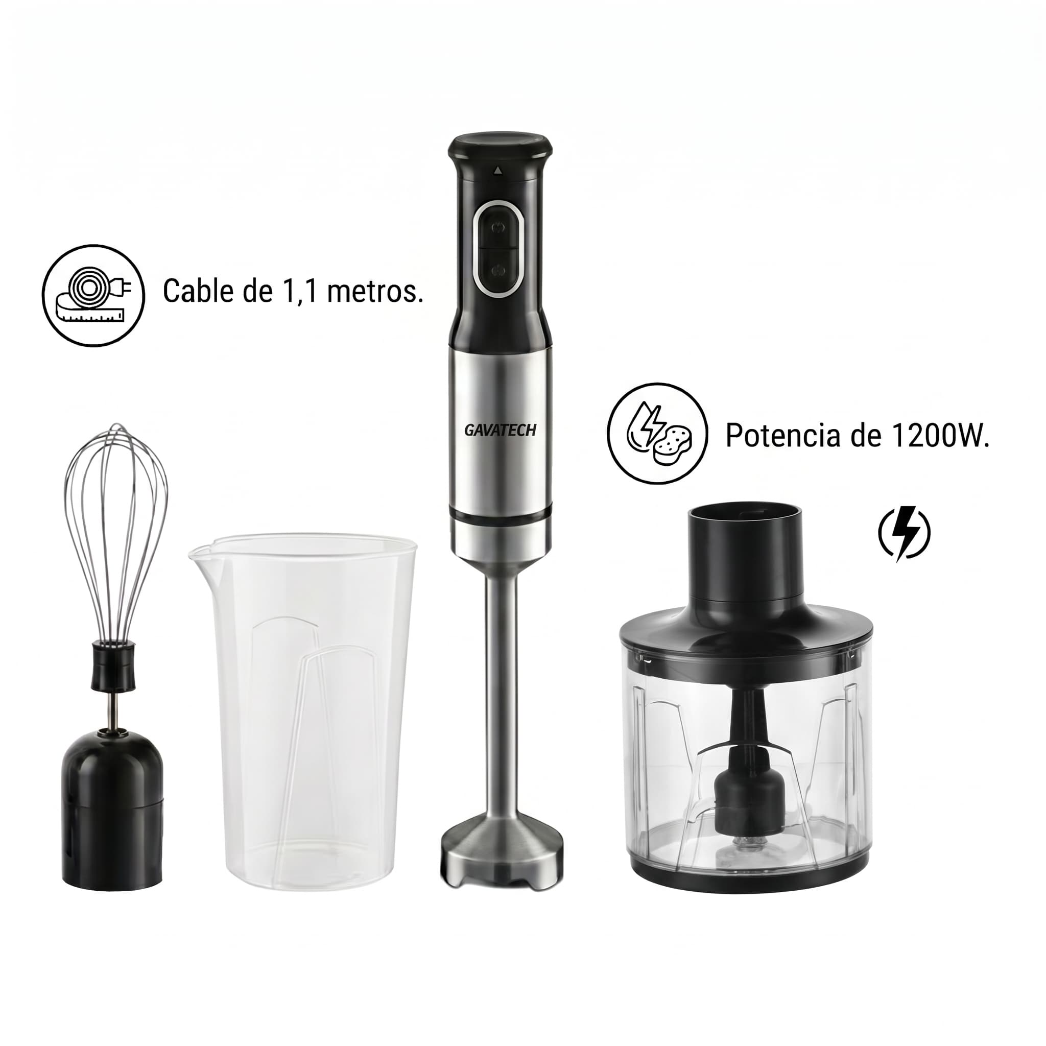 GAVATECH Batidora de Mano 1200W – Kit 3 en 1 con Picadora de 350ml, Varilla Batidora y 4 Cuchillas de Titanio. Cable 1.1m