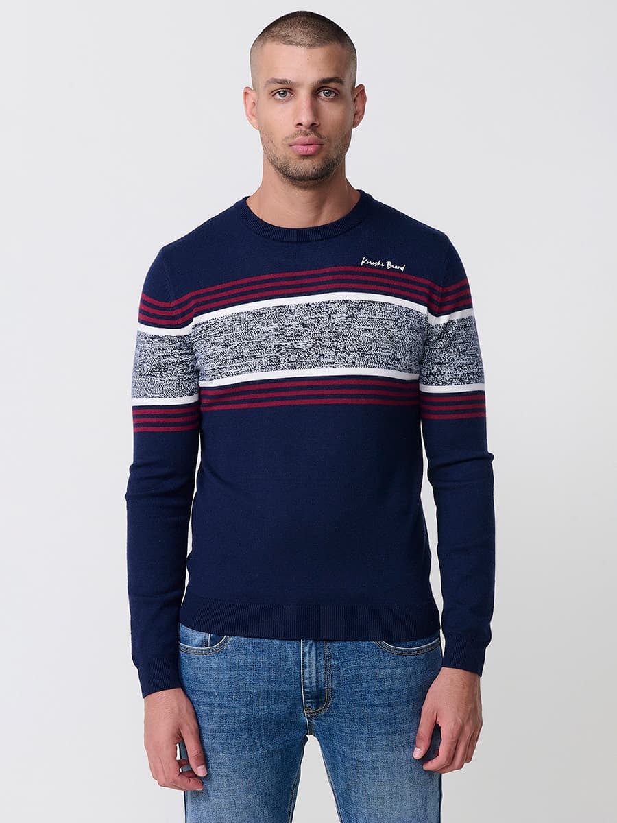 Koroshi - Jersey de punto tricot para hombre con rayas centrales en pecho, cuello redondo y manga larga — 51% viscosa, 21% poliamida, 28% poliéster