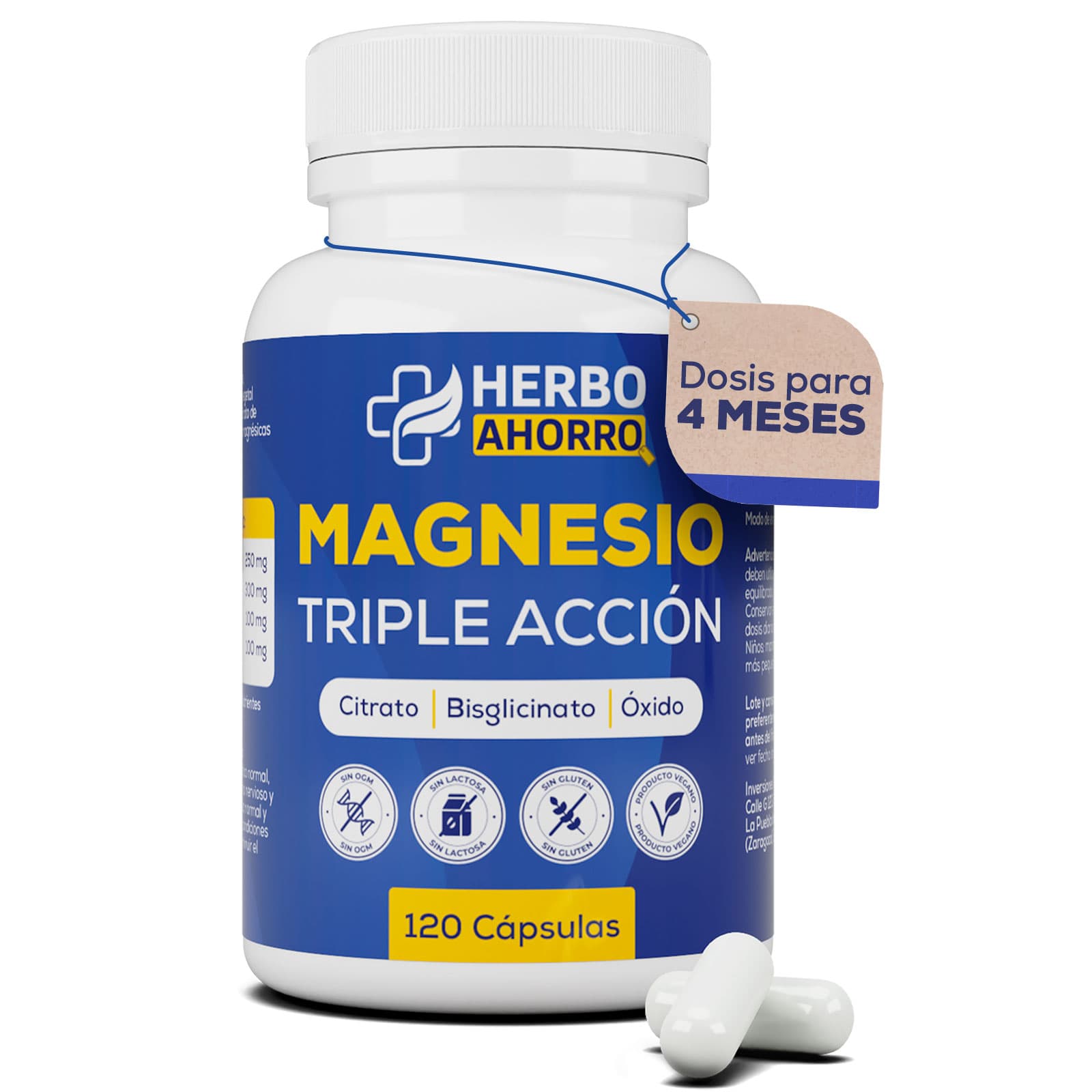 Magnesio Complex - Citrato, Bisglicinato y Óxido de Magnesio Triple - Alta Absorción - 120 cápsulas