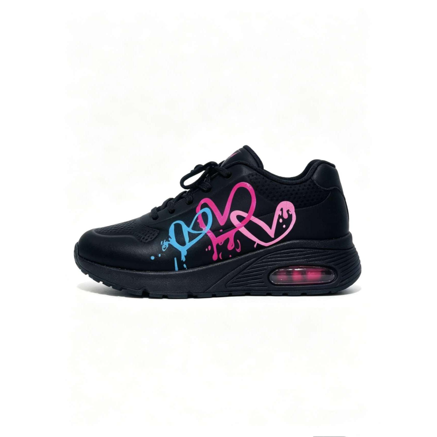 Zapatillas deportivas con amortiguación y diseño de corazones rosa y azul, suela con cámara de aire y tejido transpirable para uso diario y actividades casuales