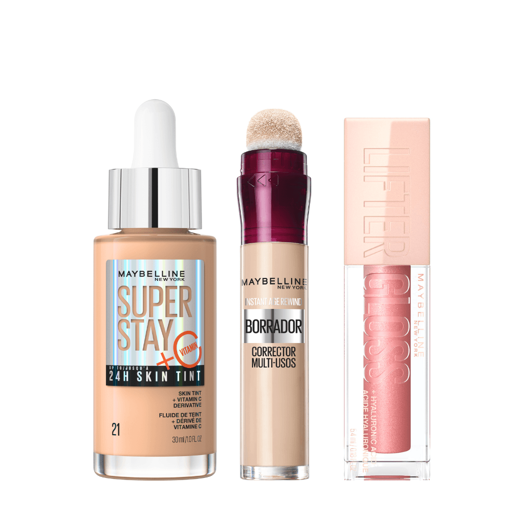 Maybelline New York | Pack con nuestros favoritos, la base de maquillaje ligera Skin Tint, en Tono 21, el borrador corrector multiusos, en Tono Light, y el labial Lifter Gloss, en tono Moon
