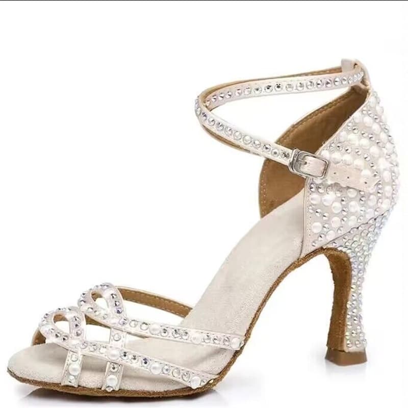 Zapatos De Baile Latín Para Mujeres Adultos Con Diamantes Y Perlas Presionados a Temperatura Alta Sandalias Con Suela Suave De 7.5 Cm Para Uso Indoor