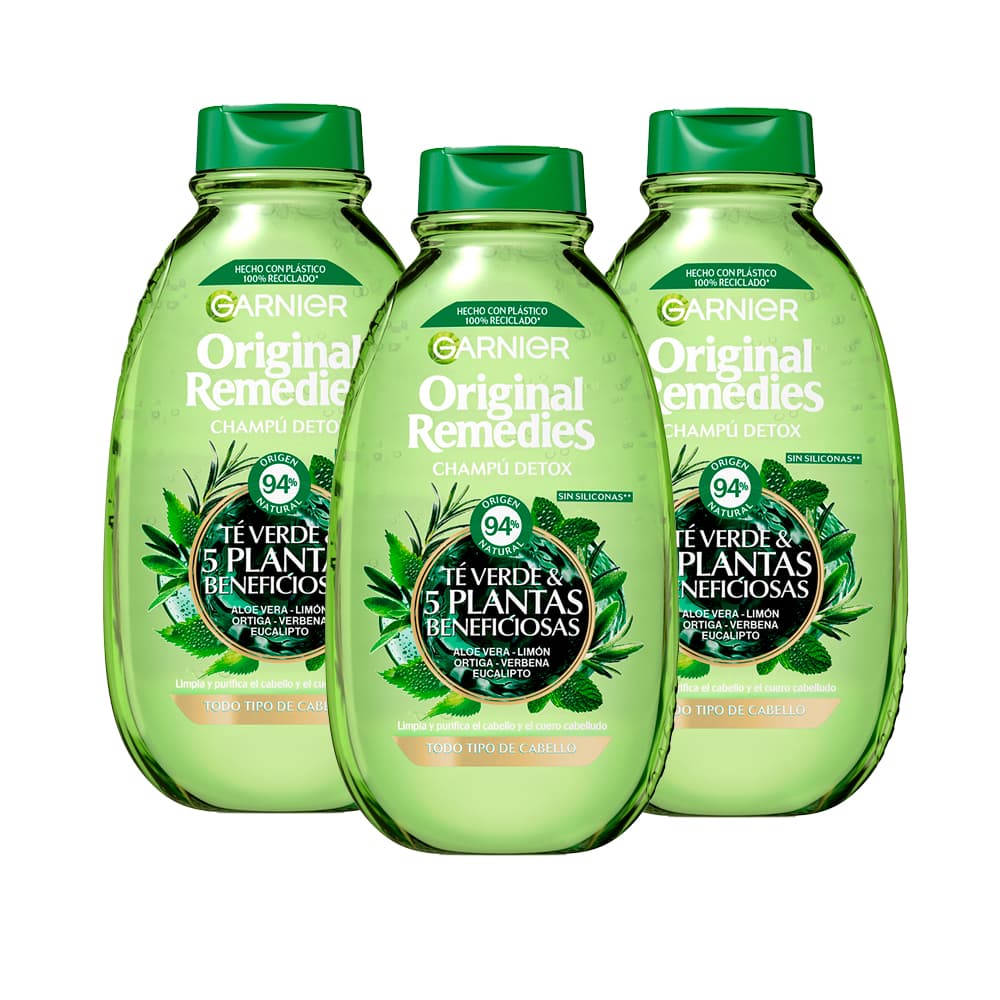 Garnier | Original Remedies Té Verde y 5 Plantas Beneficiosas Champú Detox - 3x400 ml